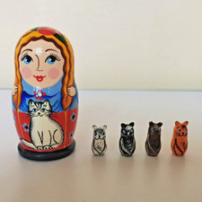 Vintage Wooden Russian Matryoshka Nesting Doll Babushka Cat Lady Set of Five