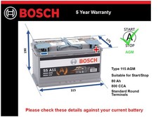 AGM Car Battery S5A11 Bosch 115 AGM 800A 80Ah 5Yr WTY 315x175x190 Start Stop