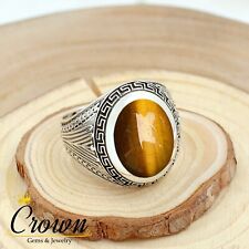 Natural Tiger Eye Oval Cut 925 Sterling Silver Handmade Men's Ring Jewelry