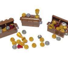 LEGO 3x Brown Treasure Chests with Gold & Silver Coins, 3 Gems & Goblets - MOC
