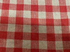 French Vintage 100% Linen Gingham Check RED Curtain Upholstery Fabric
