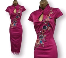 Karen Millen UK 10 Vintage Pink Silky Embroidered Floral Oriental Wiggle Dress