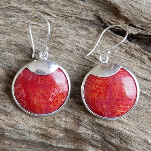 Round red coral earrings 925 - red,