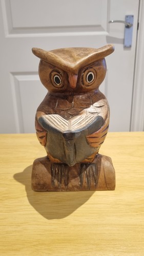 Hand carved wooden owl reading - wooden,