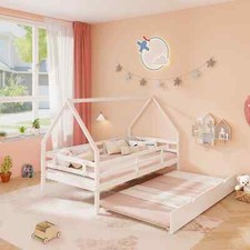 Kids House Bed with Trundle with Full Length Safety Guardrails and Roof