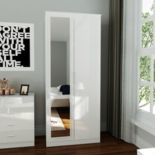 High Gloss 2 Doors Mirror Wardrobe White Bedroom Furniture Storage Hanging Rail