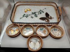 Vintage Bamboo Dried  Butterfly 5 Coaster Tray Set Serving Tray Barware 