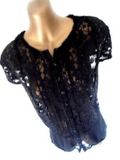 Joseph Ribkoff Lace blouse 14 black sequin& beaded r uche frills sheer (9098