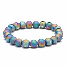 Men Women Natural Gemstone 8mm Colorful Agate Bracelet Elastic Yoga Beads Bangle