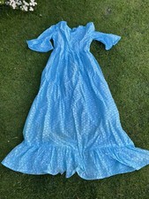 1980s Vintage Blue Bridesmaid Gypsy Long Dress Size S Frills Floral Daisy Lace