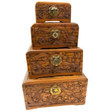 Vintage Nest of 4 Chinese Camphor Wood Carved Dragon Chest Brass Locks Dovetail