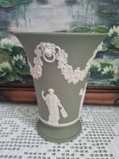 Wedgwood Bacchus vase cream colour on green Jasperware 15cm made in England