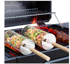 2 Pack Round Rolling Grilling Basket Stainless Steel For BBQ Grill Tool  Handle
