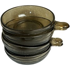 Vintage Smokey Brown Glass Soup Bowls With Handle Set Of 4