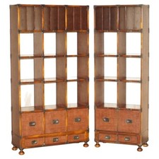 PAIR OF CROCODILE LEATHER OPEN LIBRARY BOOKCASES WITH DRAWERS & RECORD SLOTS