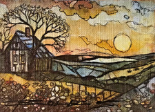 ORIGINAL  Hand Painted Pen and Watercolor (ACEO) Little House on a Hill