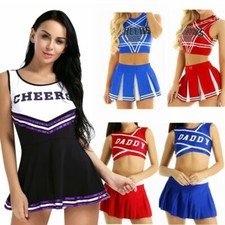 UK Women Schoolgirls Cheer Leader Costume Uniform Fancy Dress Crop Tops Outfit