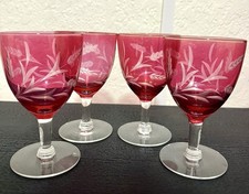 Set of 4 Vintage Bohemian Cranberry Glass Goblets – Floral Etched – 5.5”