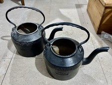 Antique Holcroft, Cast Iron Round Hanging Kettle, Curved Spout, Open Top.