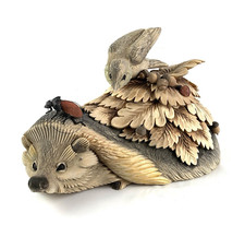 Rustic Hand Carved Wooden Jewellery box hedgehog and sparrow