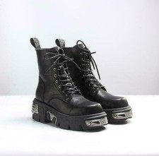 New Womens Rock Metallic Leather Goth Punk Military Ankle Boots Biker Shoes Size
