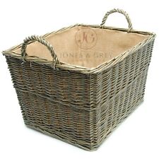 LARGE WICKER WILLOW STORAGE LAUNDRY LOG BASKET WITH HANDLES &LINER HESSIAN LINED