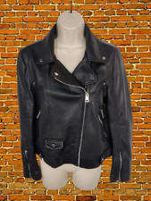 ZARA BLACK JACKET LARGE LEATHER WOMENS ZIP UP BIKER COAT ZILVER DETAIL SHORT 