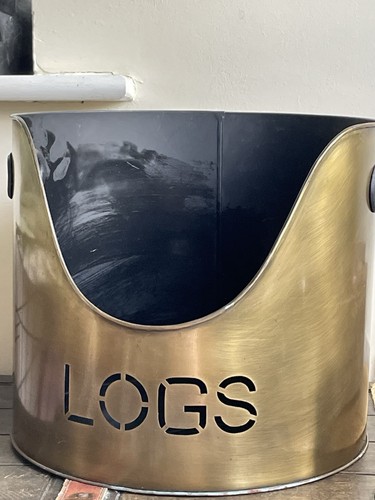 Log basket brass tone metal - log,