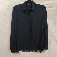The Kooples Womens Black Semi Sheer Button Up Shirt Lace Hem Detail Size XS