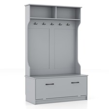 3-in-1 Freestanding Hall Coat Rack Stand Shoe Bench with 5 Hooks-Grey