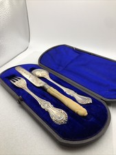 Antique cutlery set in box Spoon Knife Fork J W Penny Case Signed J B & S Child