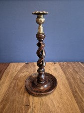 Tiger Oak Barley Twist Candlestick Brass Thistle Top Circa 1900 Antique English