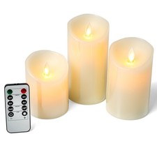 LED Flameless Pillar Candles Flickering Battery Operated With Remote - Set of 3