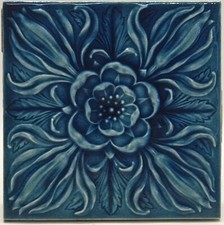 Antique Fireplace Tile Blue Moulded Majolica Tudor Rose Pilkington C1900 AE7