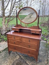 Vintage Antique Brown Dressing Table Chest of 4 Drawers on Castors with Mirror