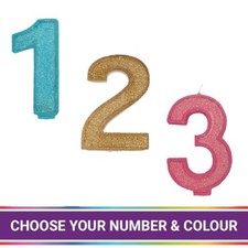 Number Cake Candles Glitter Birthday Age Cupcake Gold Pink Blue 70mm ALL Numbers