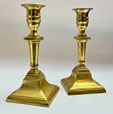 Vintage Solid Brass Candlesticks Pair • 16cm Tall • Square Base • Regency Style