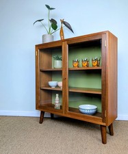 Refinished Vintage Teak Mid Century G-Plan Small Green Glazed Cabinet Bookcase