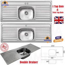 Single Bowl Kitchen Sink Stainless Steel Double Drainer Inset 1 & Twin Tap Hole