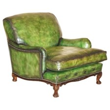 IMPORTANT HOWARD & SON'S VICTORIAN GREEN LEATHER IVOR ARMCHAIR CLAW & BALL LEGS