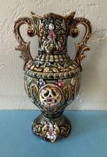 Antique Majolica Green Ornate Vase w/ Handles Flowers Signed England 901 T