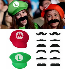 Super Mario Bros Luigi Foam Hat Cap & 12 Moustaches Fancy Dress Costume Party UK