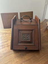 VINTAGE HAND CARVED WOOD WOODEN COAL SCUTTLE BIN BRASS HANDLE