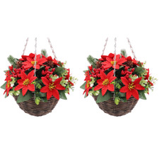 Pair of Best Artificial 30cm Red Poinsettia Christmas Wicker Hanging Baskets
