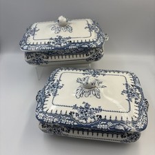 2 x Antique Maling Cetem Ware Formosa Lidded Tureen, Blue & White  1900s Vintage