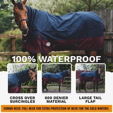 600D Outdoor Turnout Winter Horse Rugs 50G Fill COMBO Full Neck Navy/Burgundy