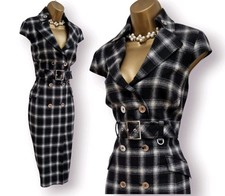 Karen Millen UK 16 Black Vintage Checked Military Wiggle Pencil Occasion Dress