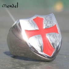 MENDEL Knights Templar Ring Stainless Steel Masonic Crusader Shield Cross Silver