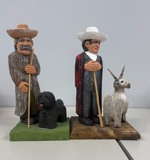 Hand Carved Wooden Shepard With Shaggy Dog & Friar With Goat Signed Linson