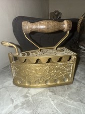 Brass Coal Fire Flat Iron Large Wooden Handle